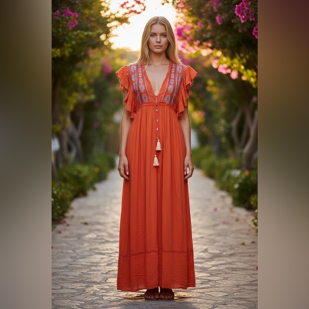 Free People orange Maxi Dress with Embroidered Details